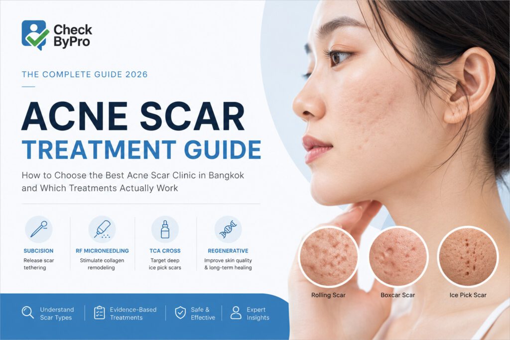 Thinking about acne scar treatment in Bangkok? Learn how Subcision, RF Microneedling and TCA CROSS are used to treat rolling scars, boxcar scars and ice pick scars in this comprehensive guide.
