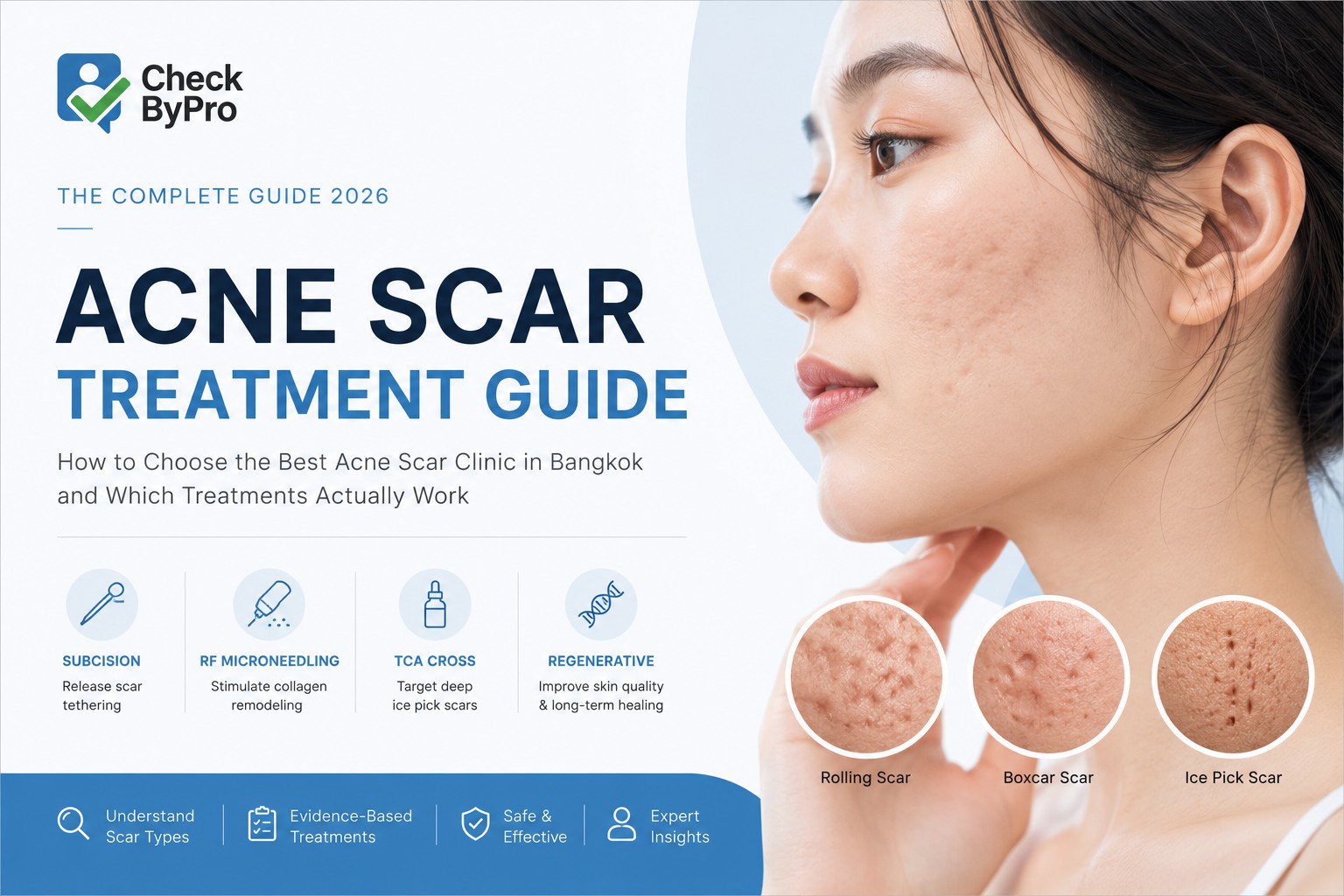Thinking about acne scar treatment in Bangkok? Learn how Subcision, RF Microneedling and TCA CROSS are used to treat rolling scars, boxcar scars and ice pick scars in this comprehensive guide.